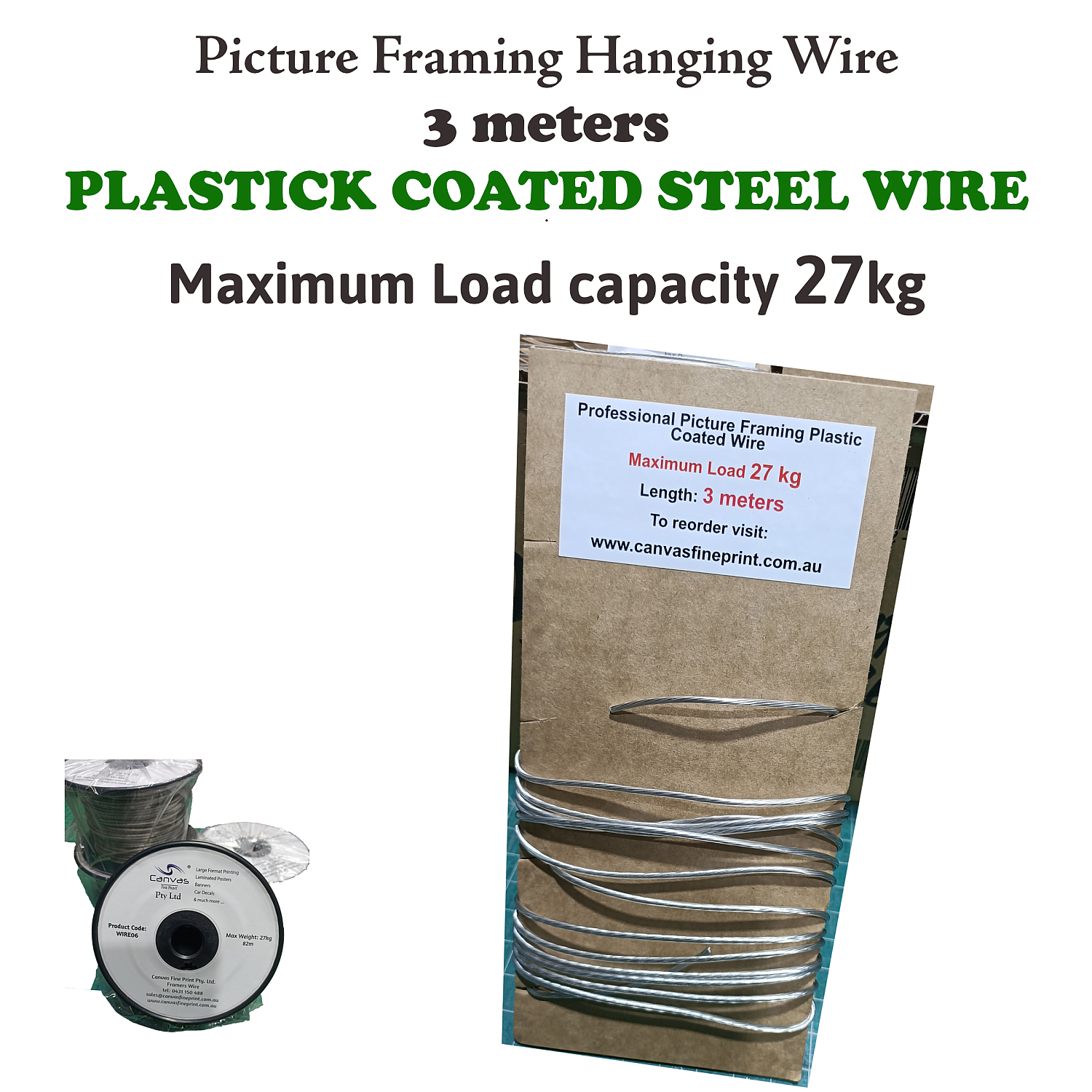 Picture Framing Hanging Plastic Coated Steel Wire 3m, Weight Load 27kg | 27kg_wire_3_meters.jpg